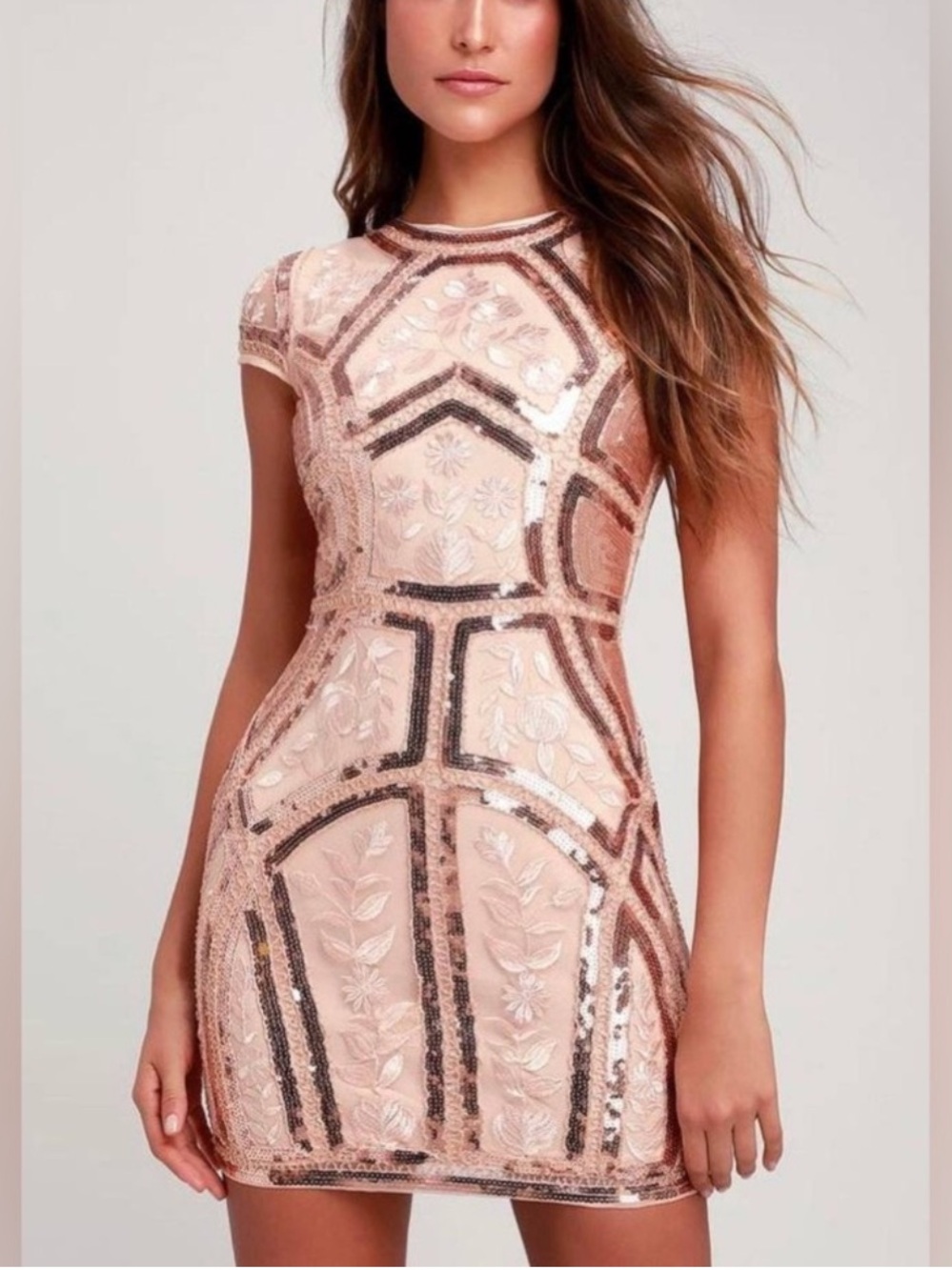Lulu’s Spread Your Shine Sequin Embroidered Bodycon Mini Dress Rose Gold XS